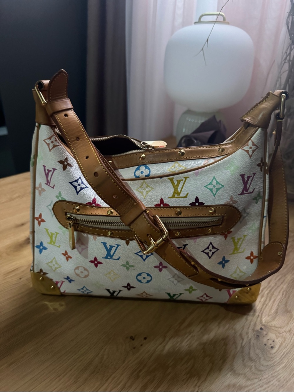 Louis Vuitton White Multicolor Monogram Leather-Trim Shoulder Bag murakami